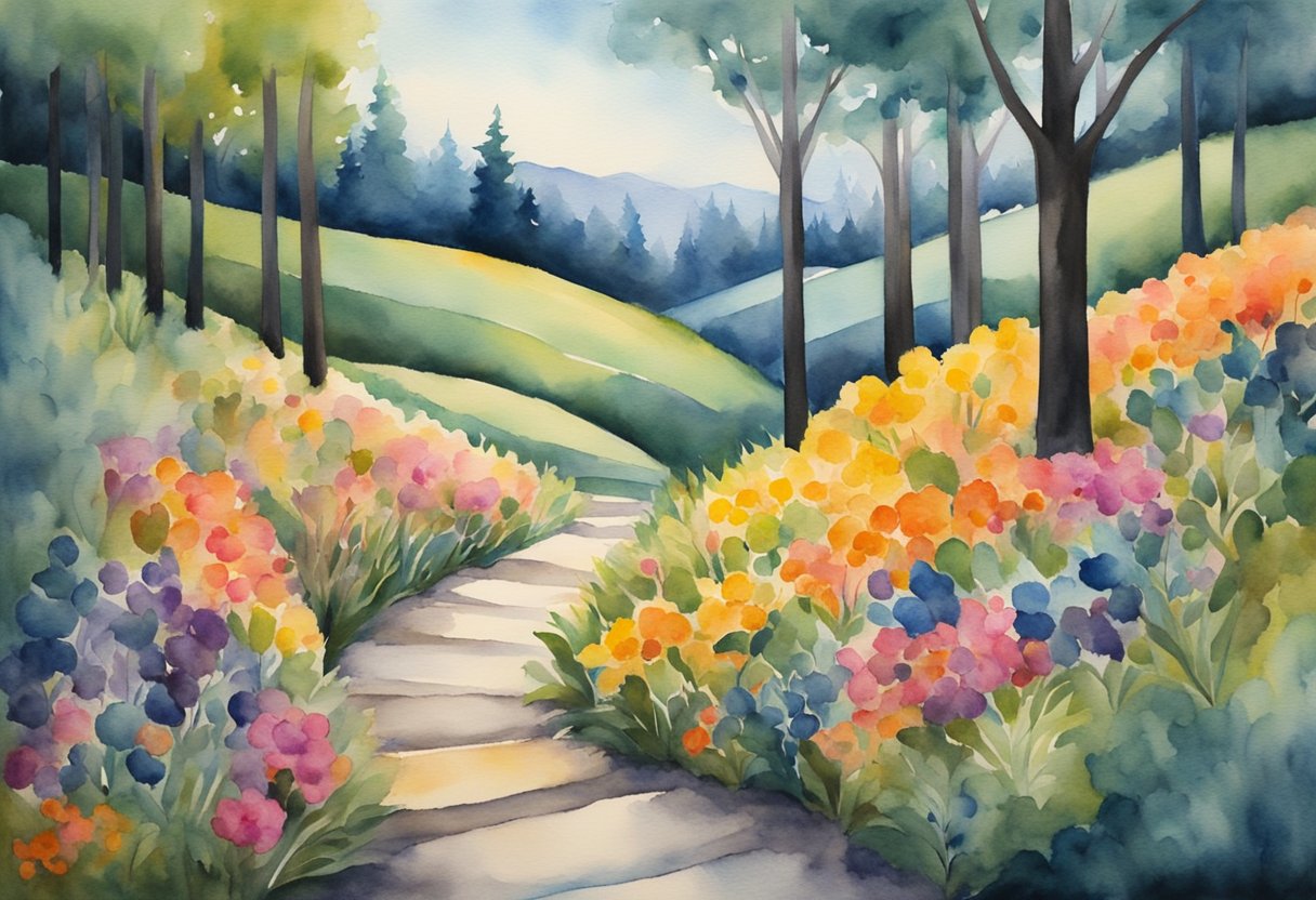 A digital watercolor of a walking path through the middle of a flower field in a forest