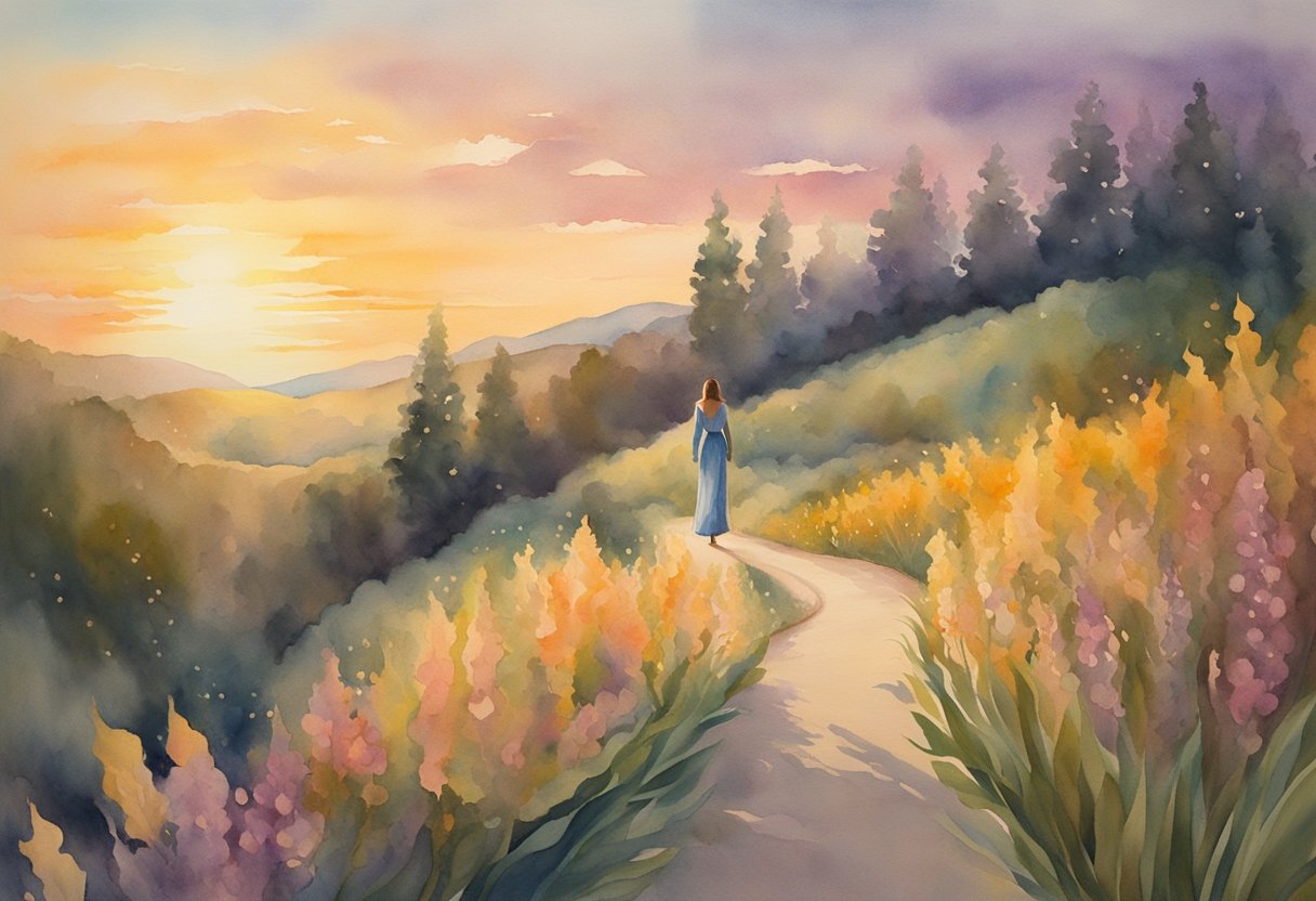 A digital watercolor of a woman walking down a path way at sunset