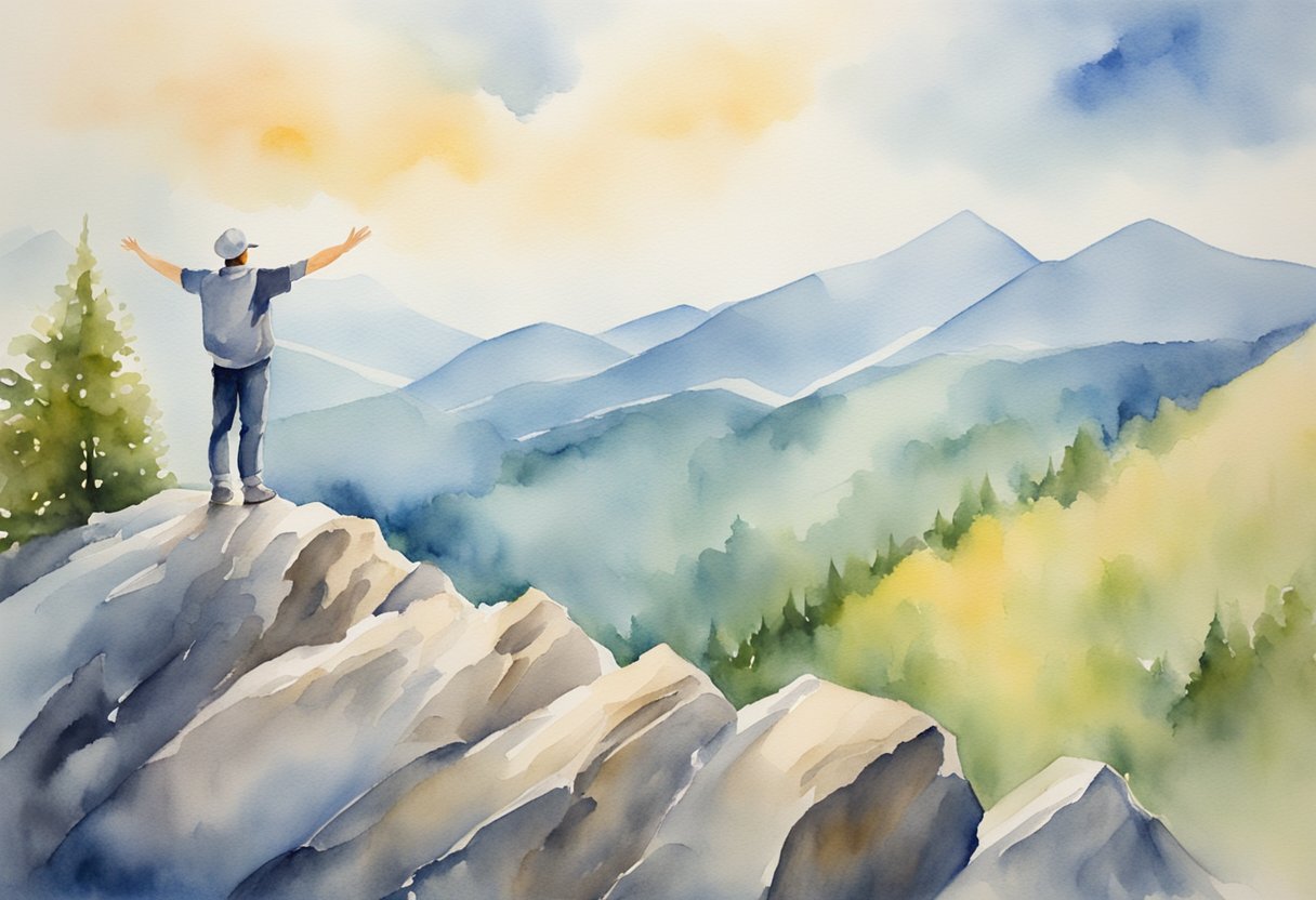 A digital watercolor of a man standing on a rocky ridge overlooking a valley with arms raised high