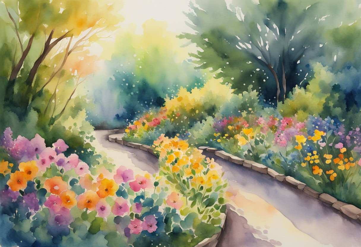 A digital watercolor of a pathway through a park with blooming flowers