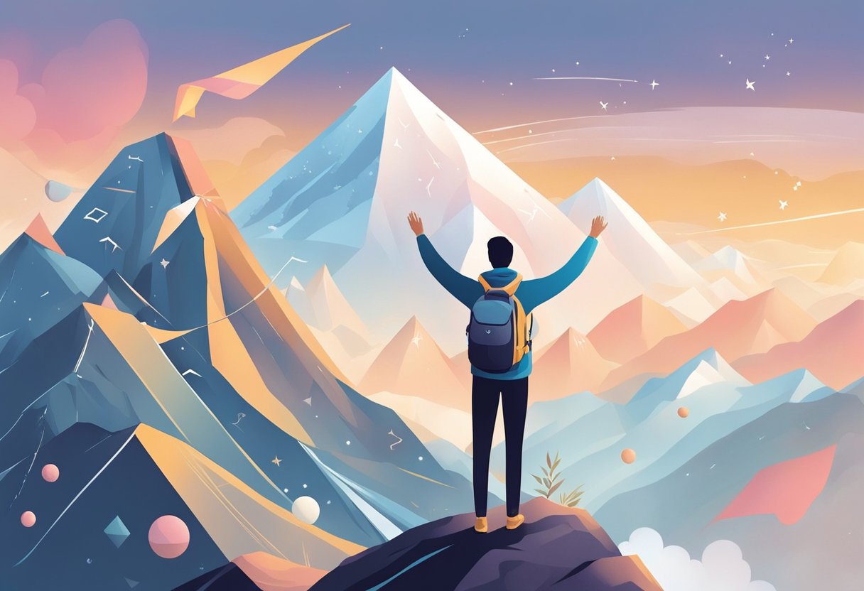 A digital illustration of of a man on top of a mountain overlooking the home mountain range in front of him