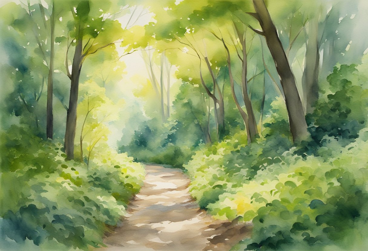 A digital watercolor of a walking path through a forest under it canopy