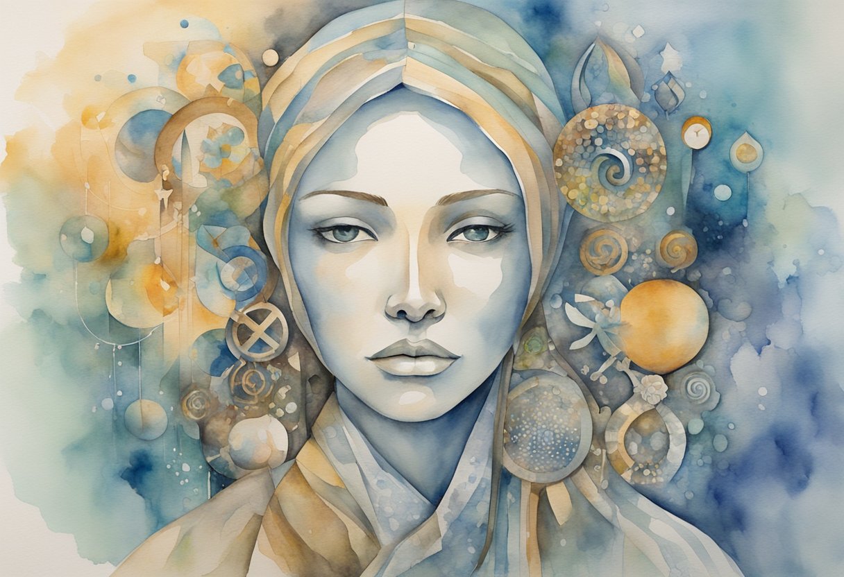 A digital watercolor of a woman's face with many trinkets surrounding hey
