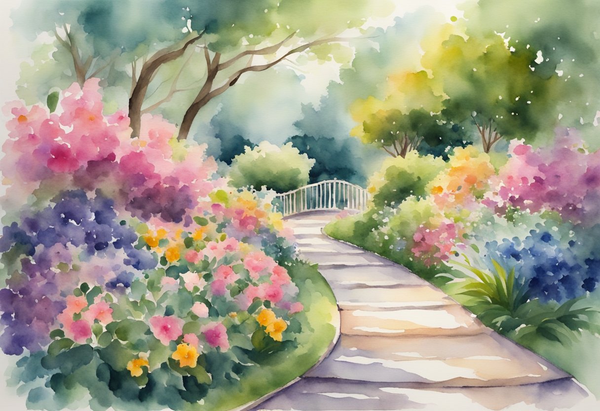 A digital watercolor of a garden with a walking path through the middle