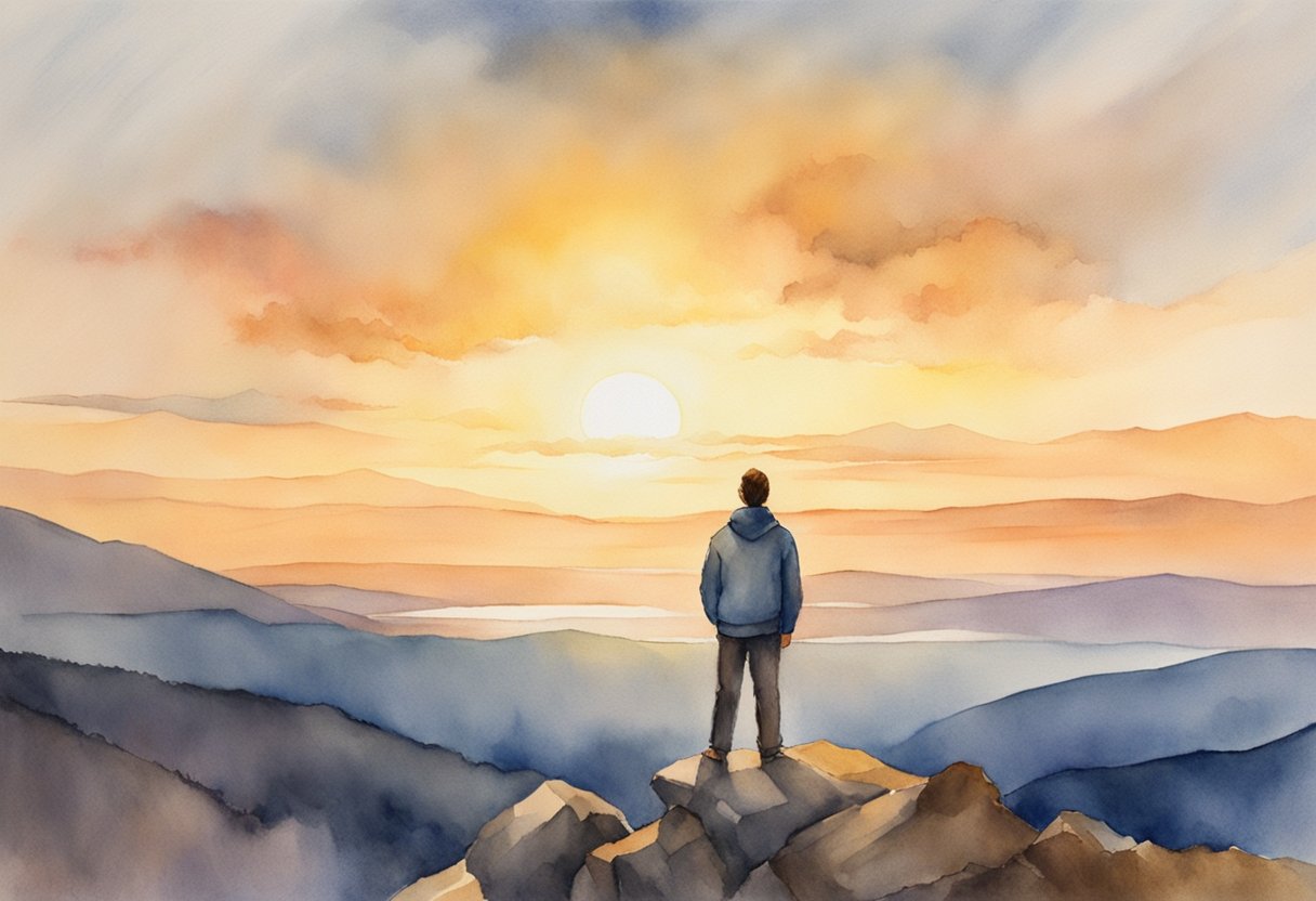A digital watercolor of a man standing on top of a mountain overlooking the valley below at sunset.
