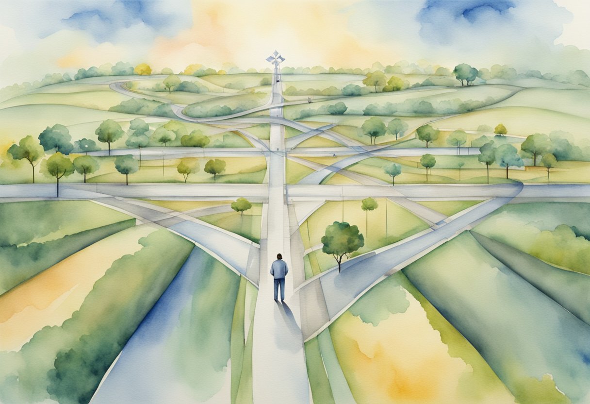 A digital watercolor of a man walking on a path with many decisions