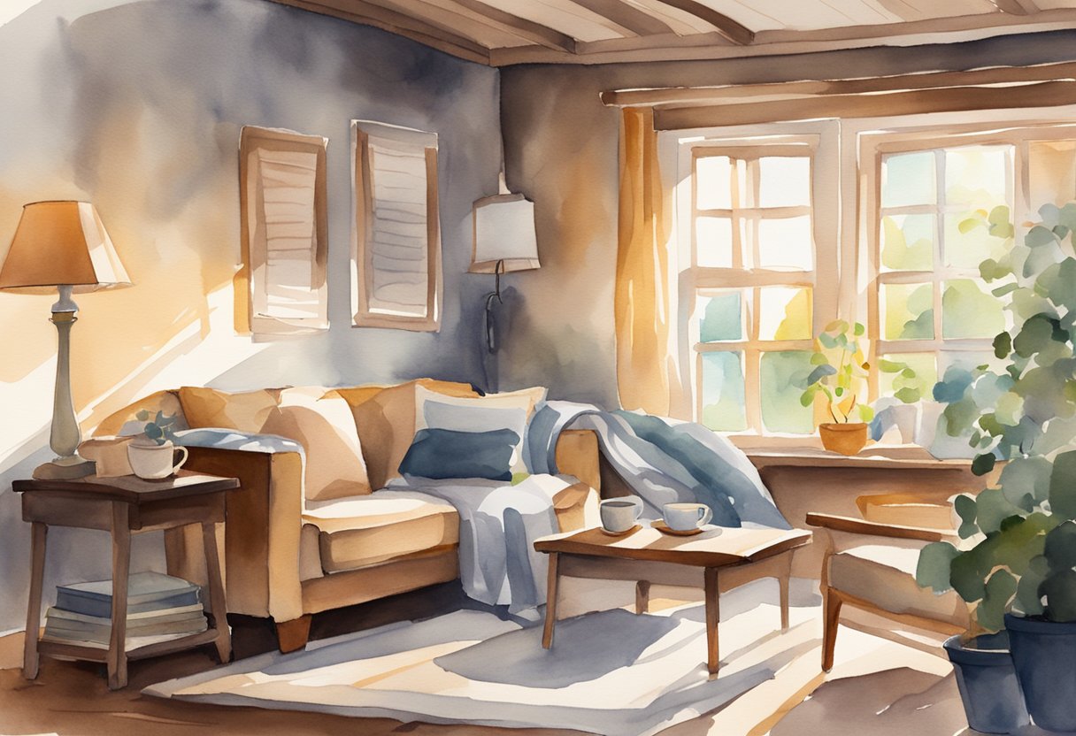 A digital watercolor of a cozy living room