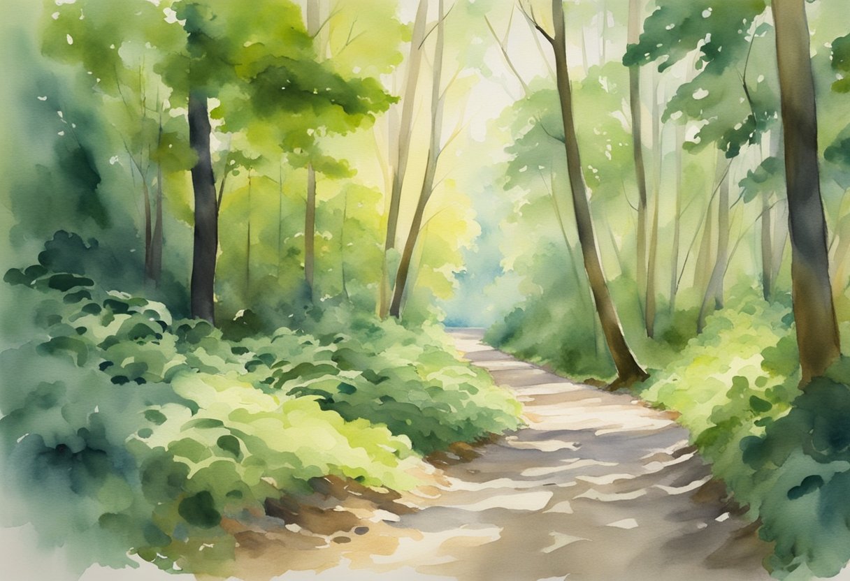 A digital watercolor of a path through a wooded park