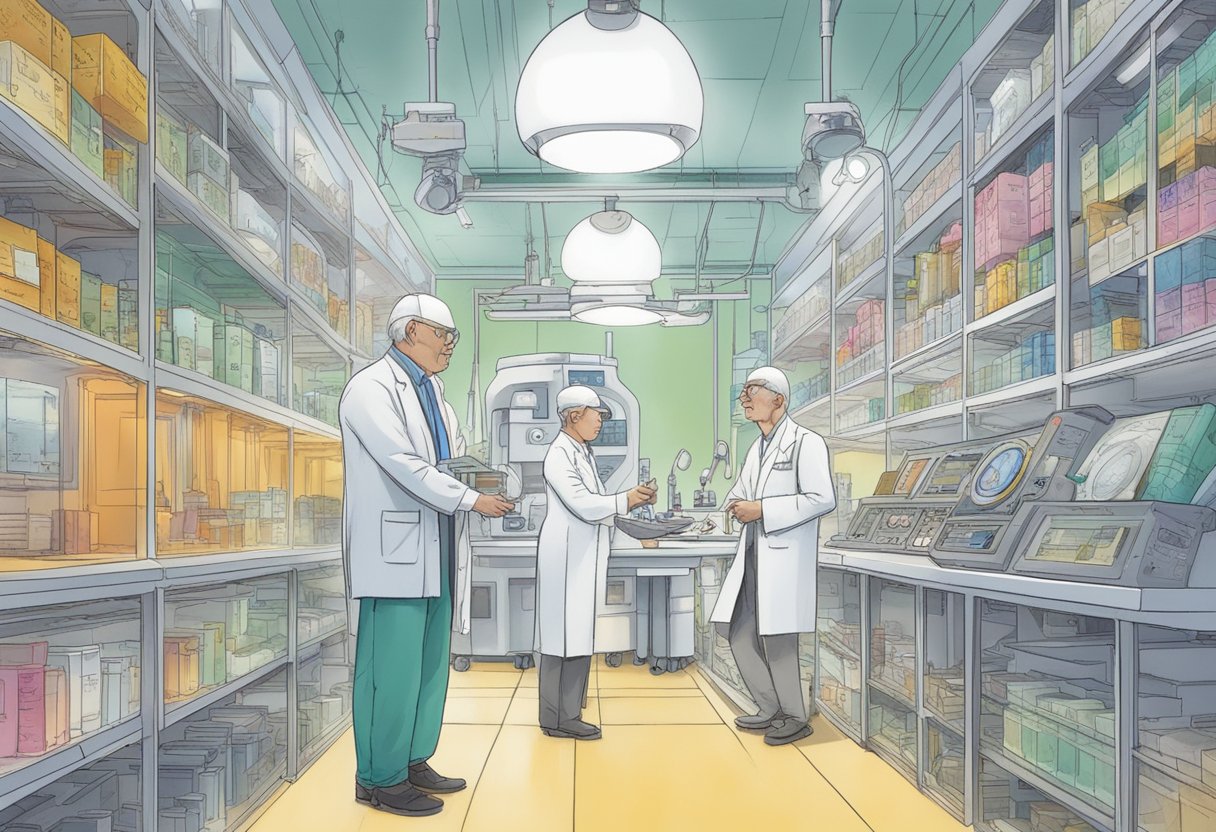 A digital illustration of a medical research lab and equipment