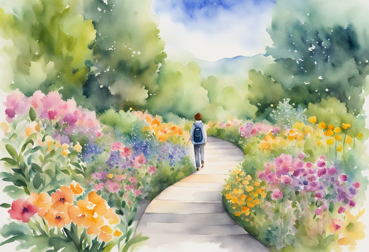 A digital watercolor of a person walking through a park full of flowers