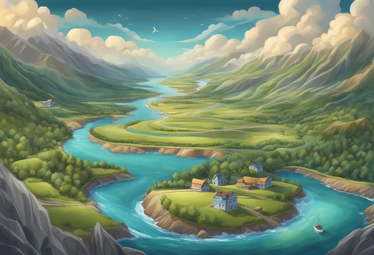 A digital illustration of a small village on a river bend in a mountain valley