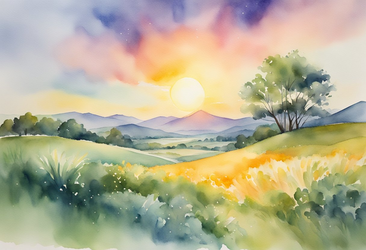 A digital watercolor of rolling grassy hills at sunset