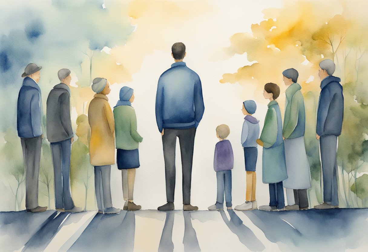 A digital watercolor of a family looking forward into the light