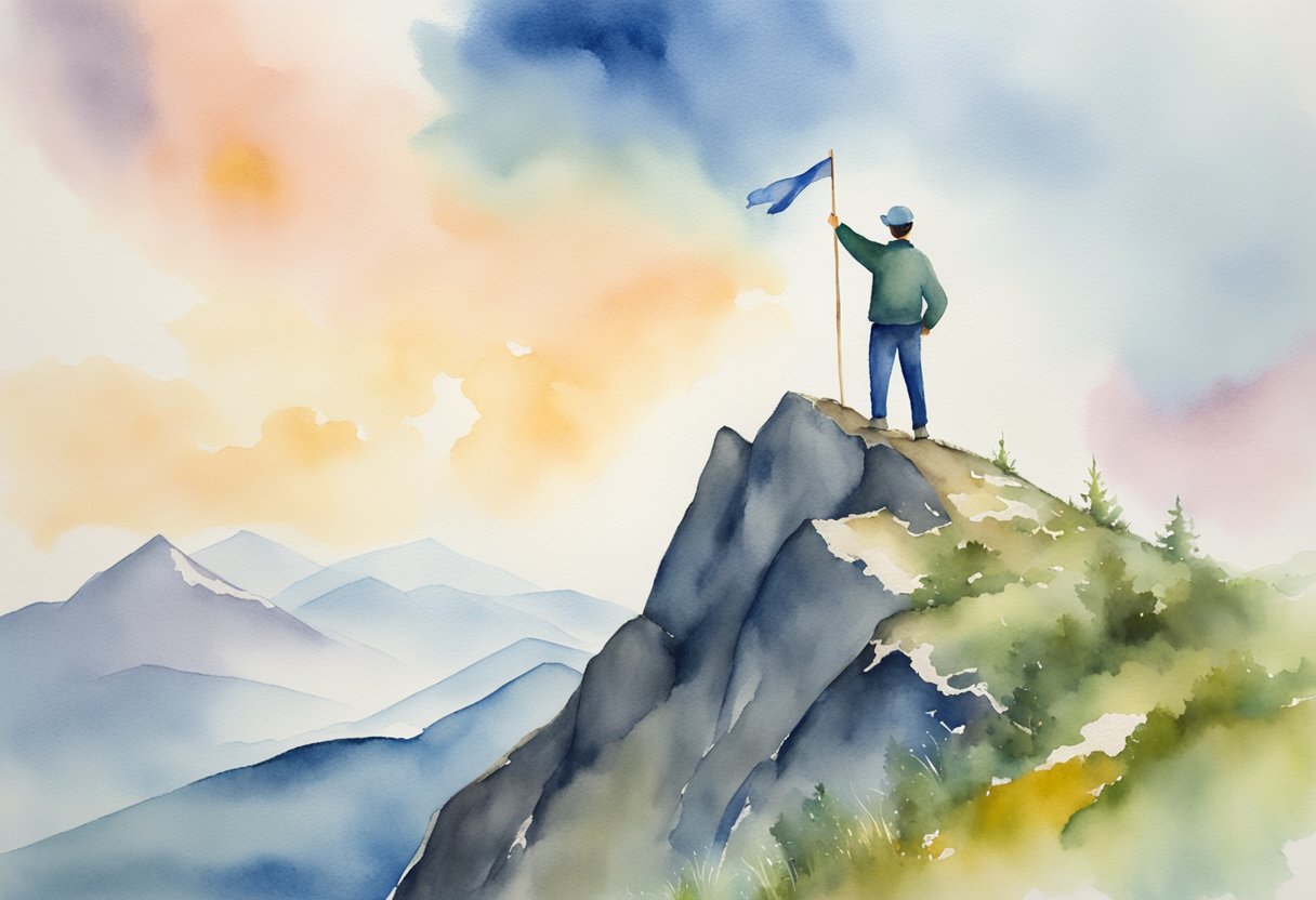 A digital watercolor of a man planting his flag on top of a mountain.