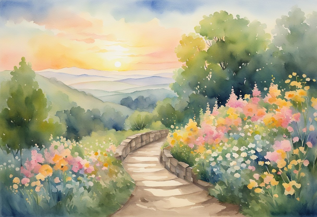 A digital watercolor of a back yard full of flowers at sunset