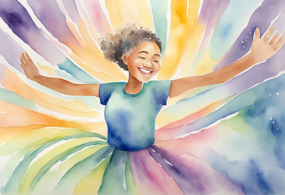 A digital watercolor of a girl with a colorful dress
