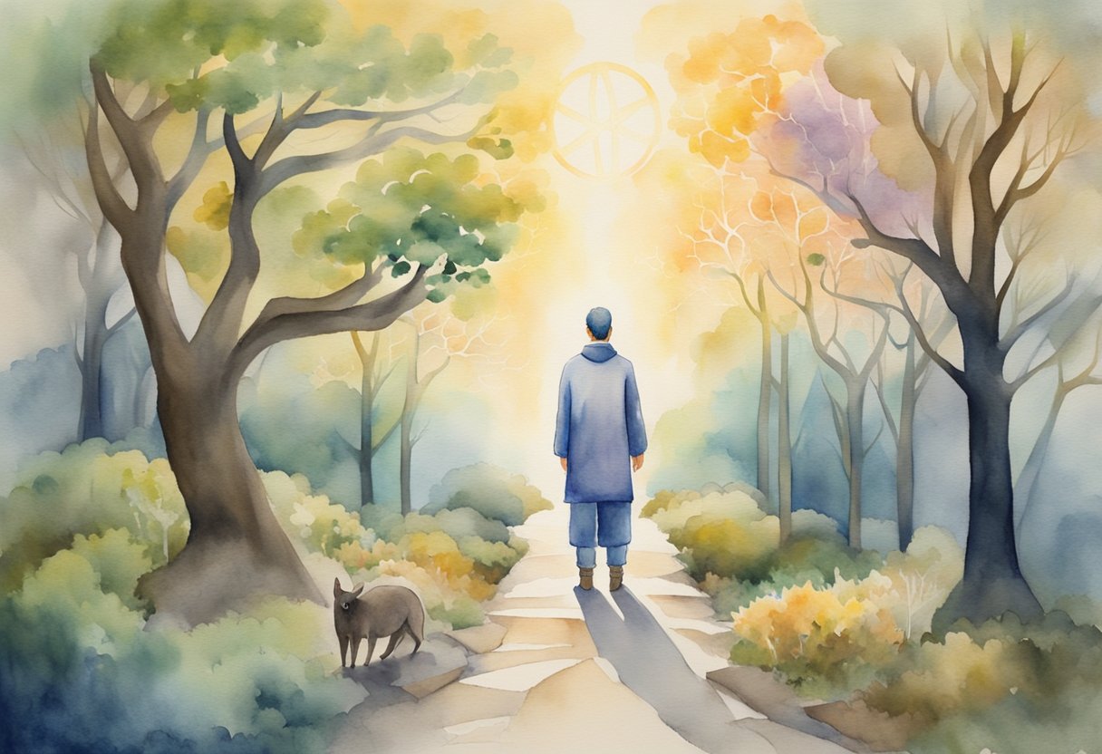 A digital watercolor of a man walking his cat through a forest