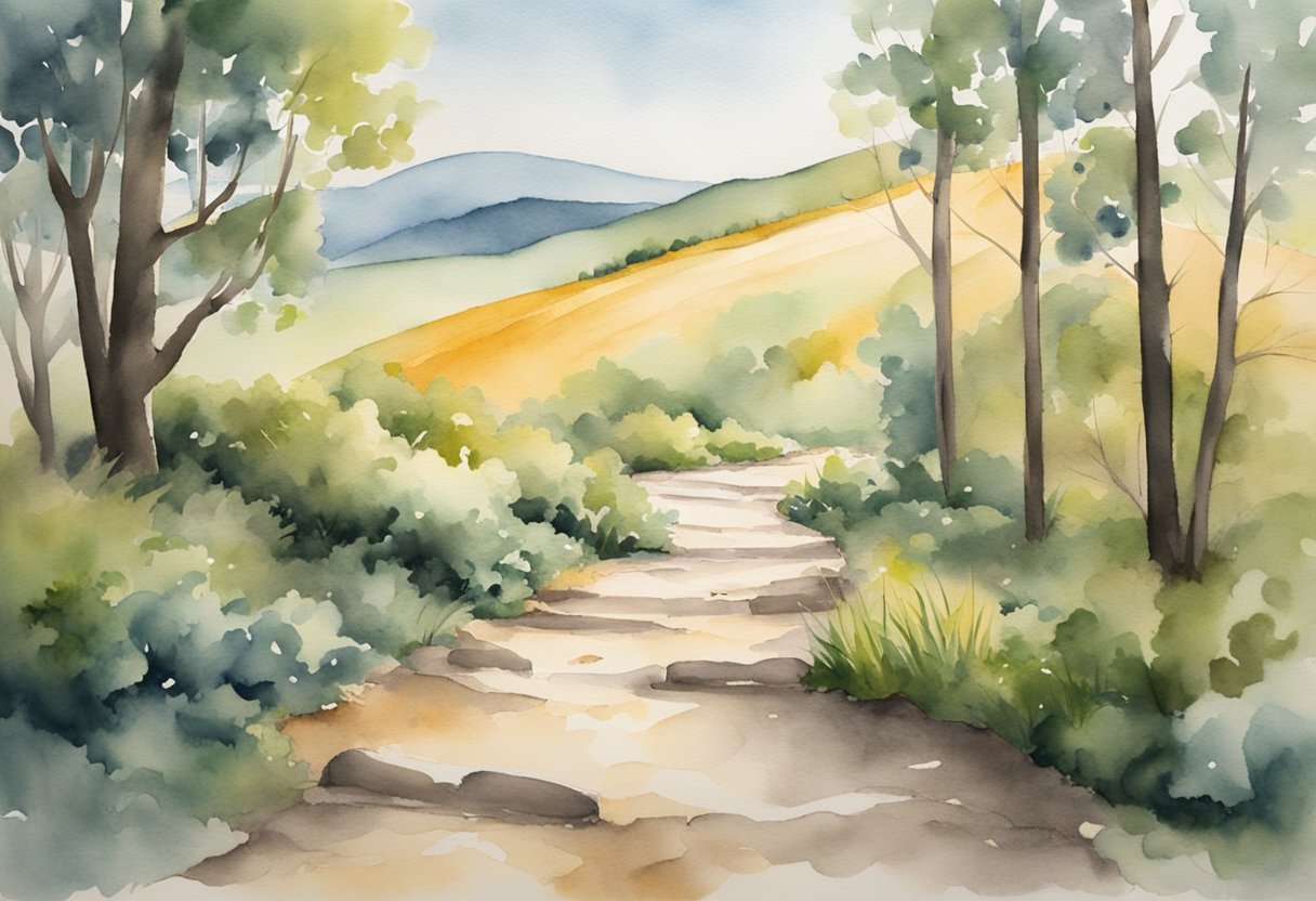 A digital watercolor of a path on a hillside of mountains