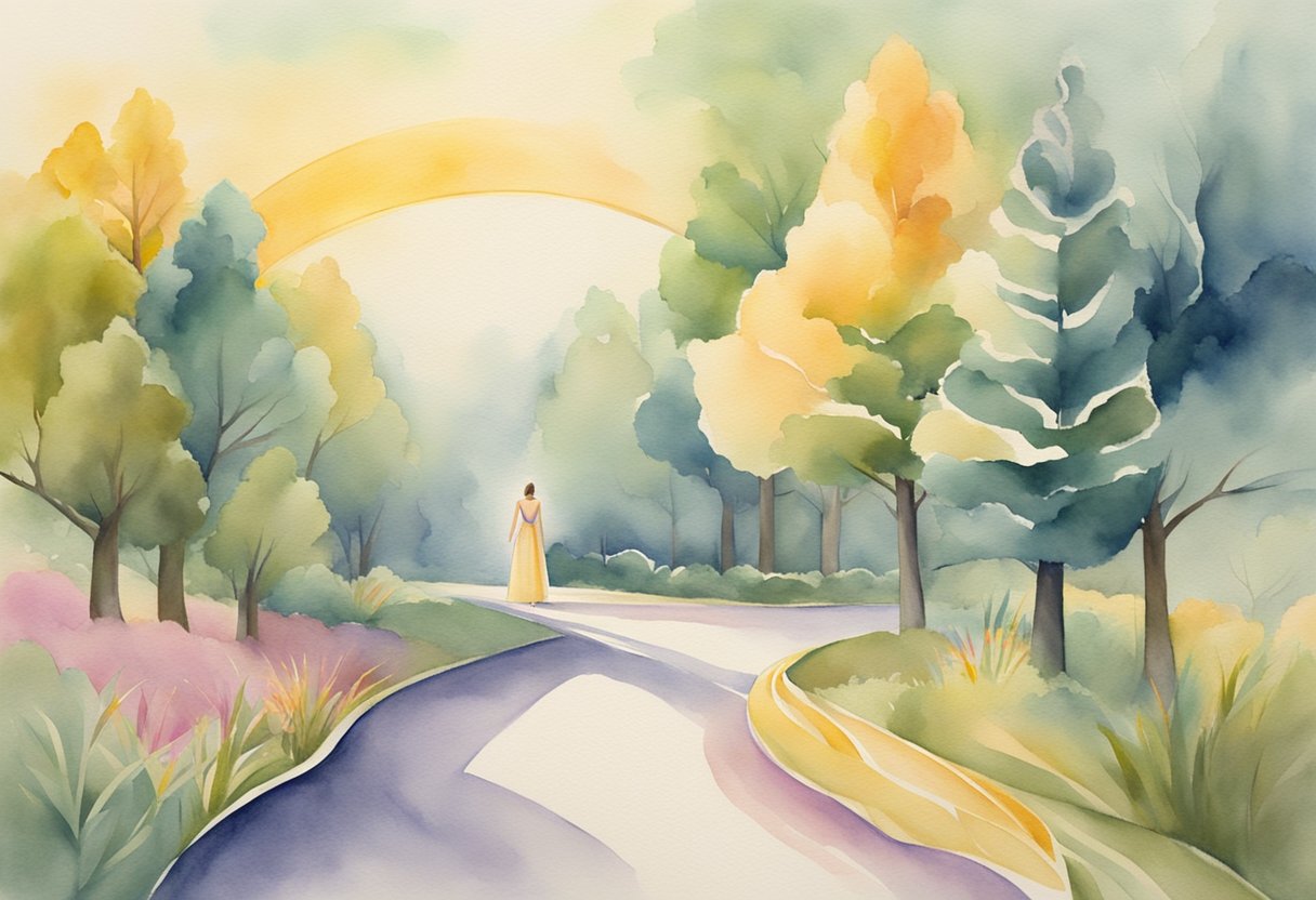 A digital watercolor of a woman walking through a park
