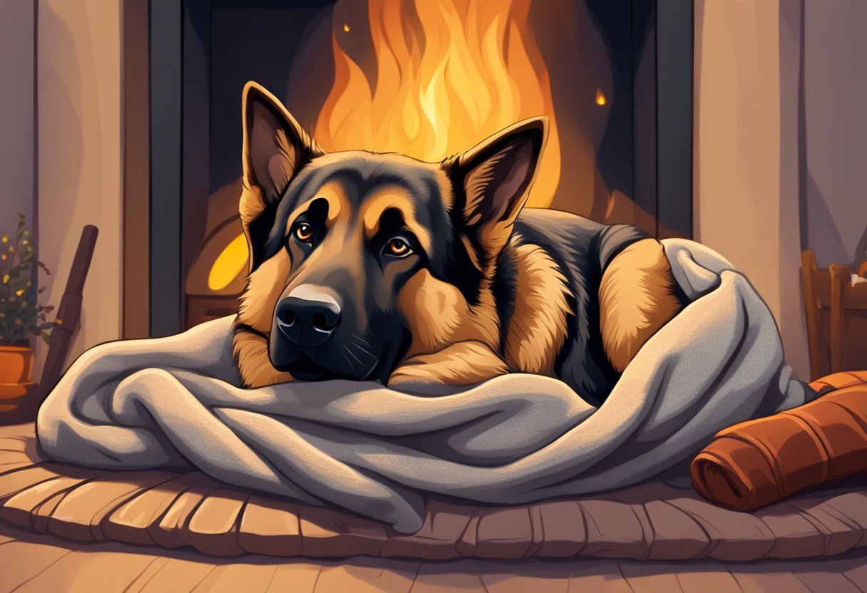 A German Shepherd wrapped in a blanket by the fire keeping warm.