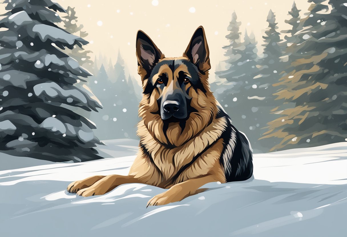 A black and tan German Shepherd laying in the snow.