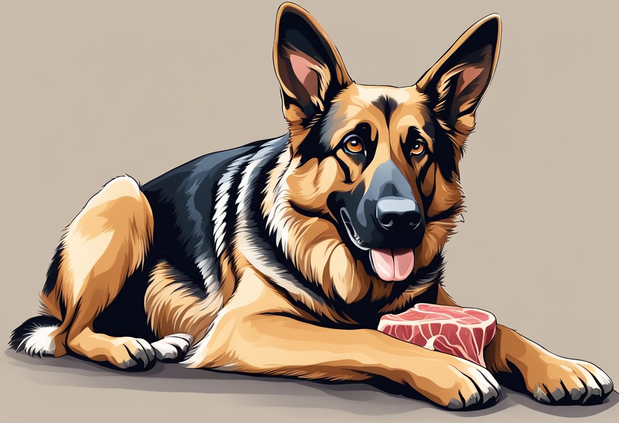 German Shepherd with a piece of raw meat.