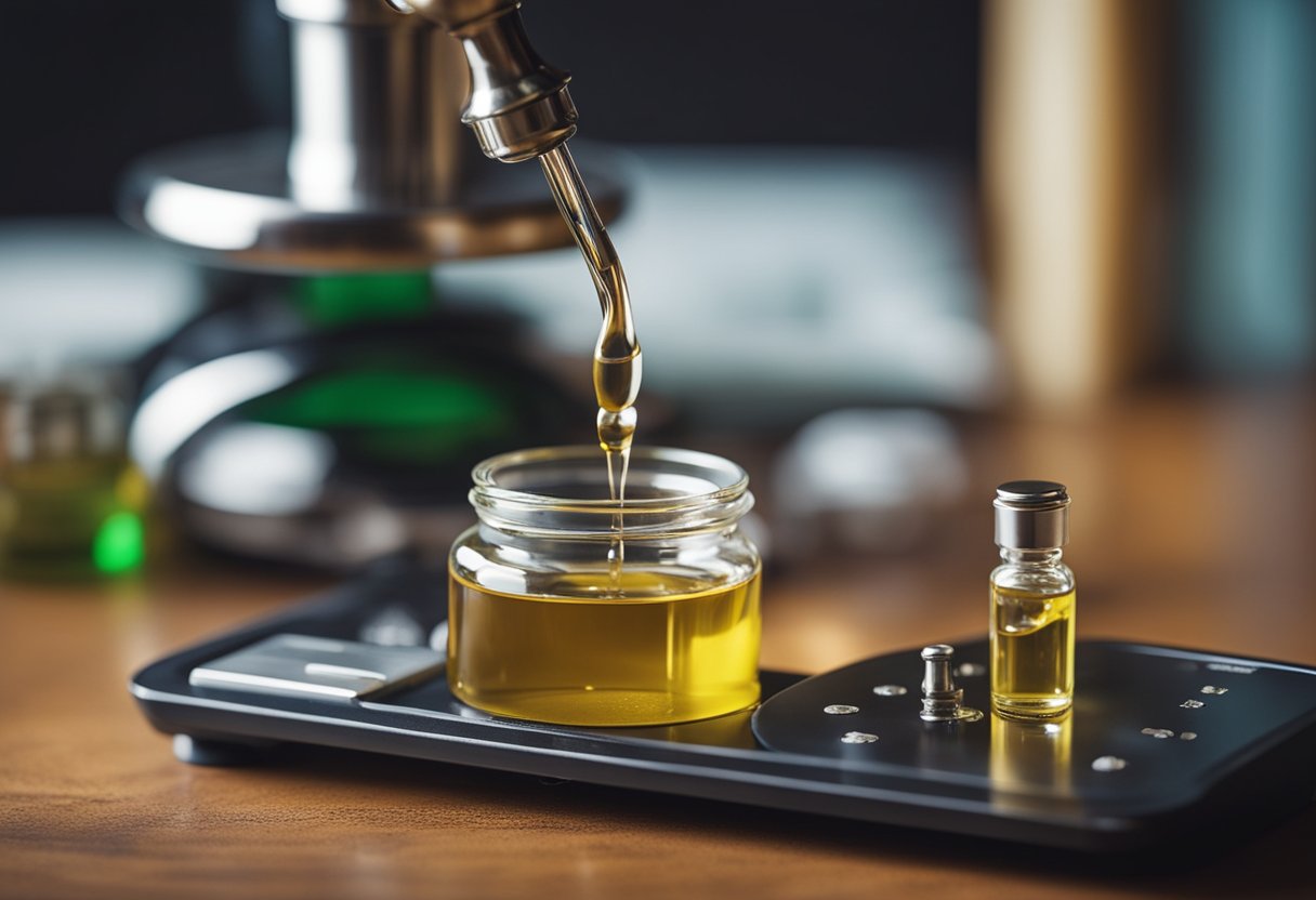 A small jar pouring oil into a glass creates a golden stream of liquid.