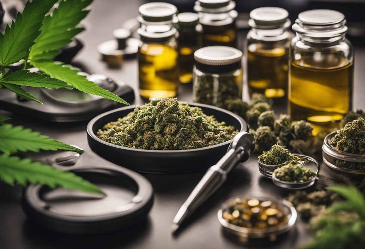 Cannabis products and medical equipment displayed on a table.