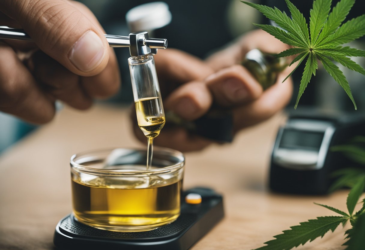 A person pouring CBD oil into a glass creates a golden stream.