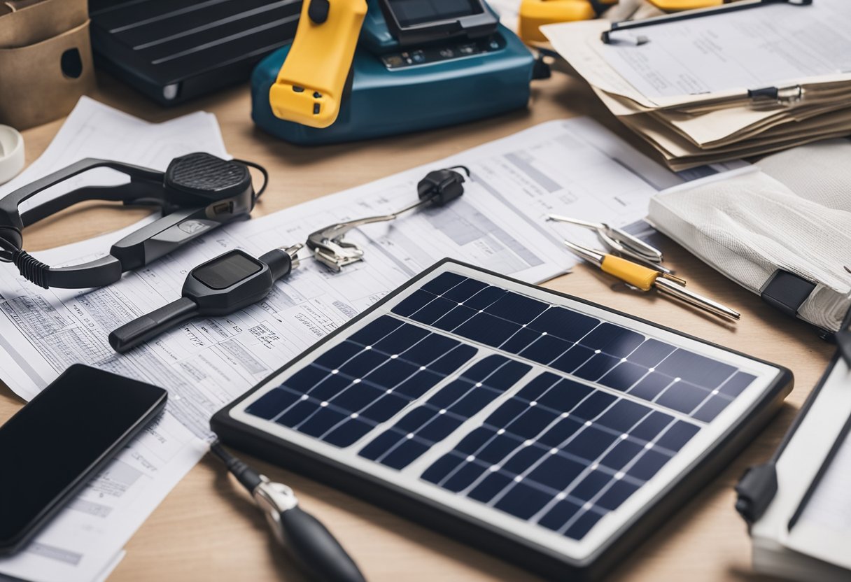 small solar panel, tools, permit papers on the table top