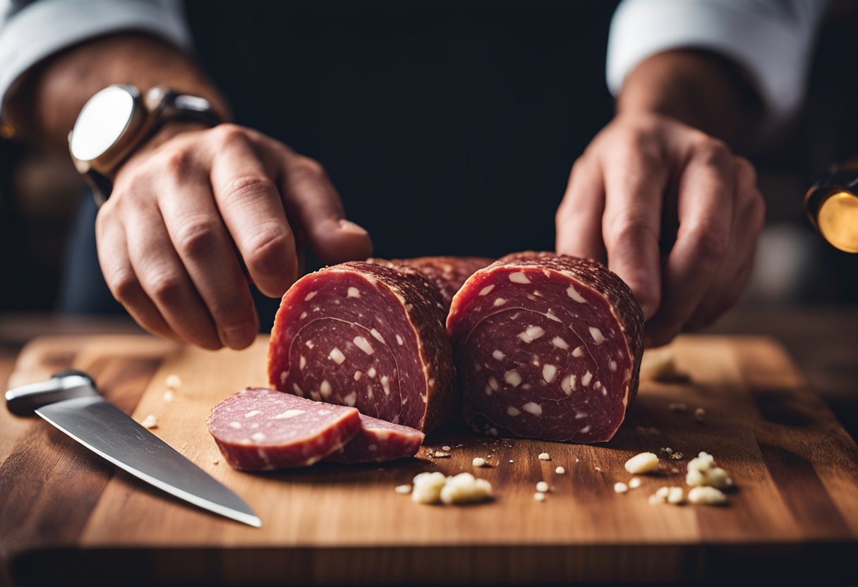 Close-up of succulent beef salami slices, showcasing its savory and protein-packed goodness – the perfect addition to your culinary adventures.