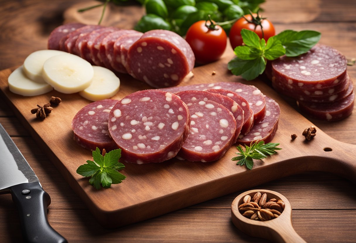 Close-up of succulent beef salami slices, showcasing its savory and protein-packed goodness – the perfect addition to your culinary adventures.