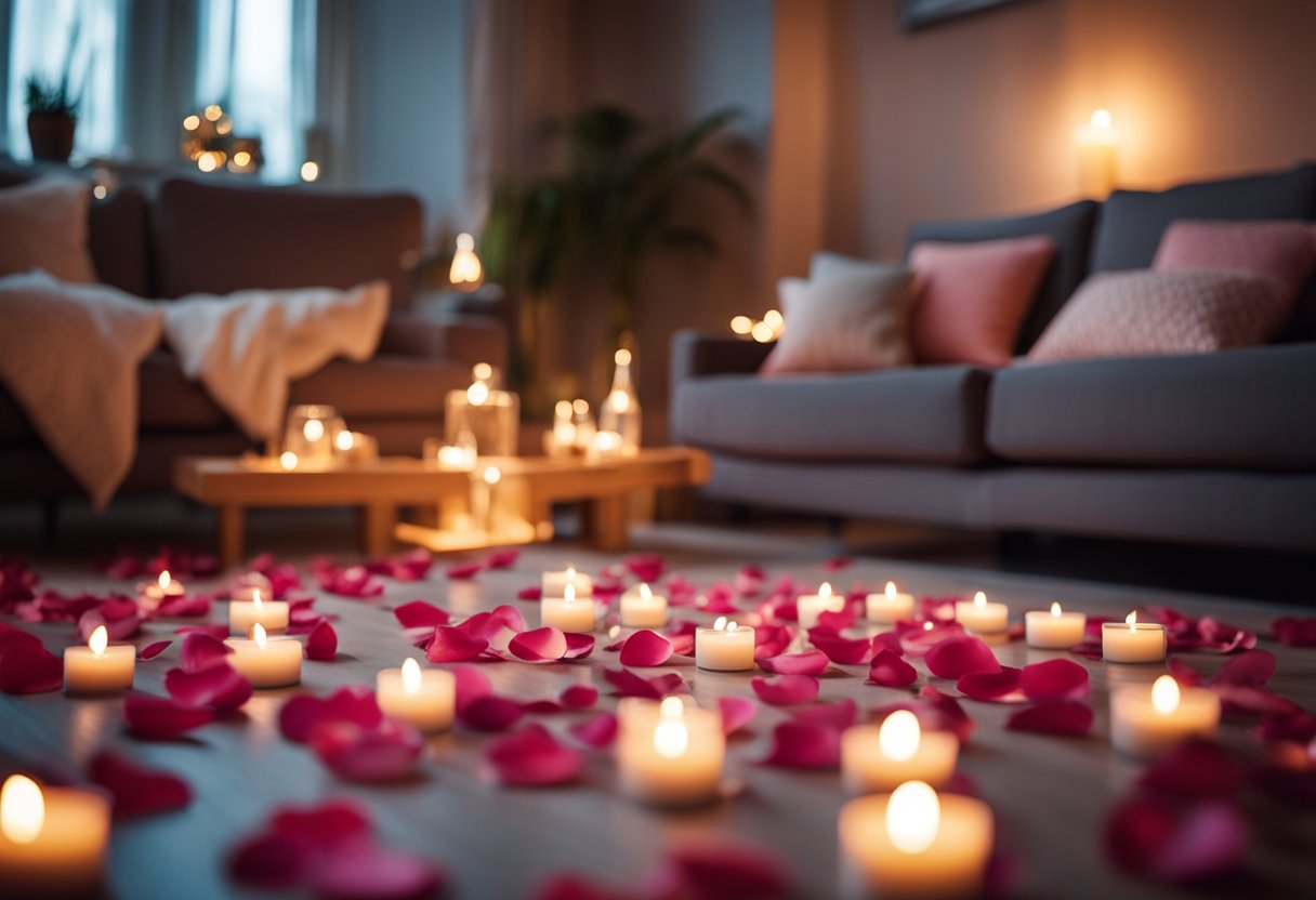 Romantic Valentines living room with flowers and candles on the floor lit with candles