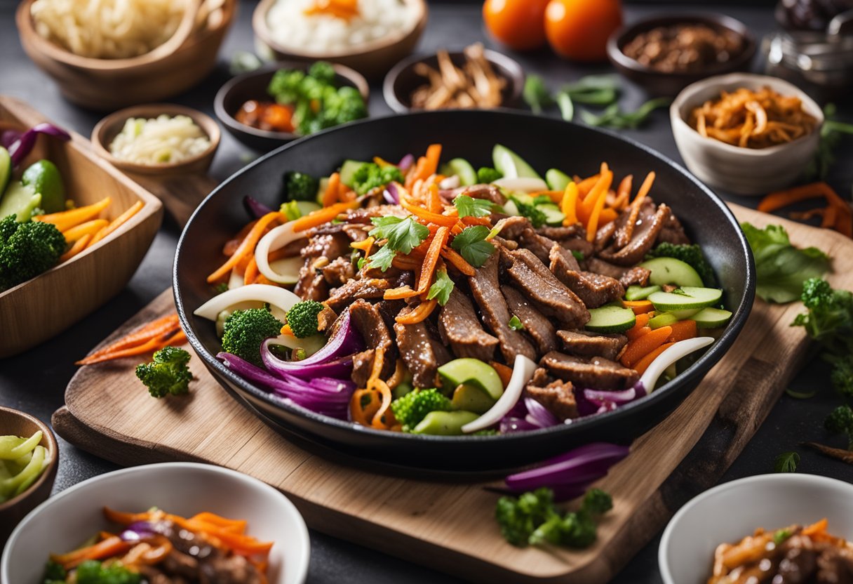 A mouthwatering plate of Moo Shu Beef, showcasing tender beef strips, colorful vegetables, and delicate pancakes, embodying the essence of Chinese culinary excellence