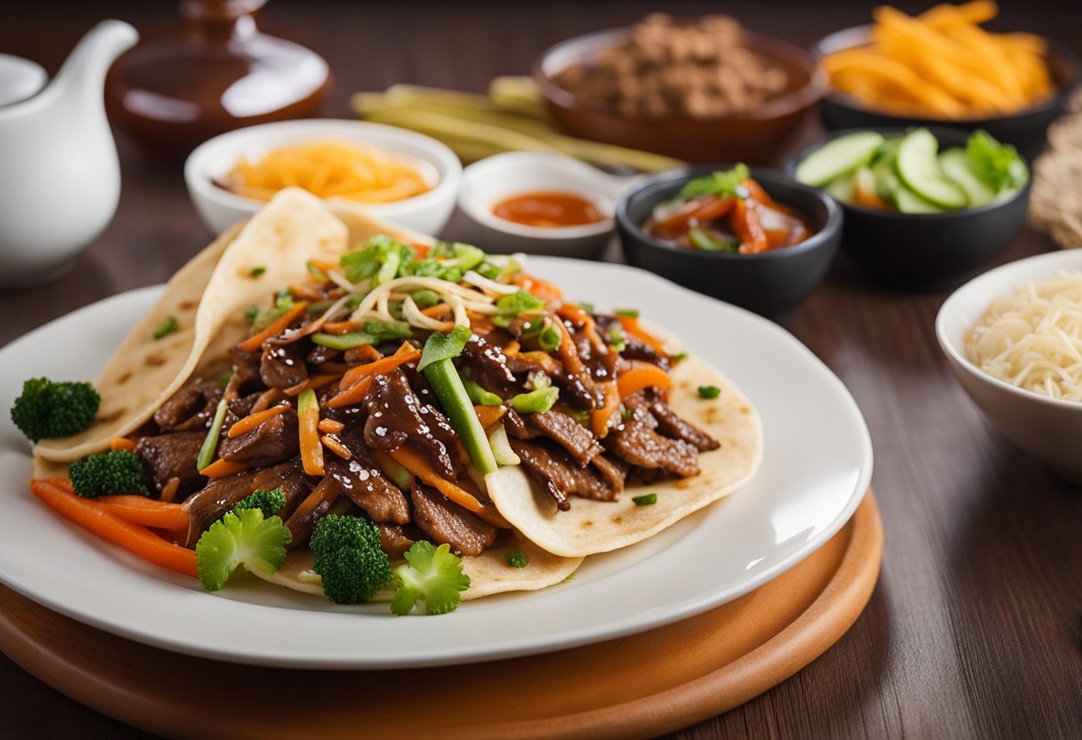 A mouthwatering plate of Moo Shu Beef, showcasing tender beef strips, colorful vegetables, and delicate pancakes, embodying the essence of Chinese culinary excellence