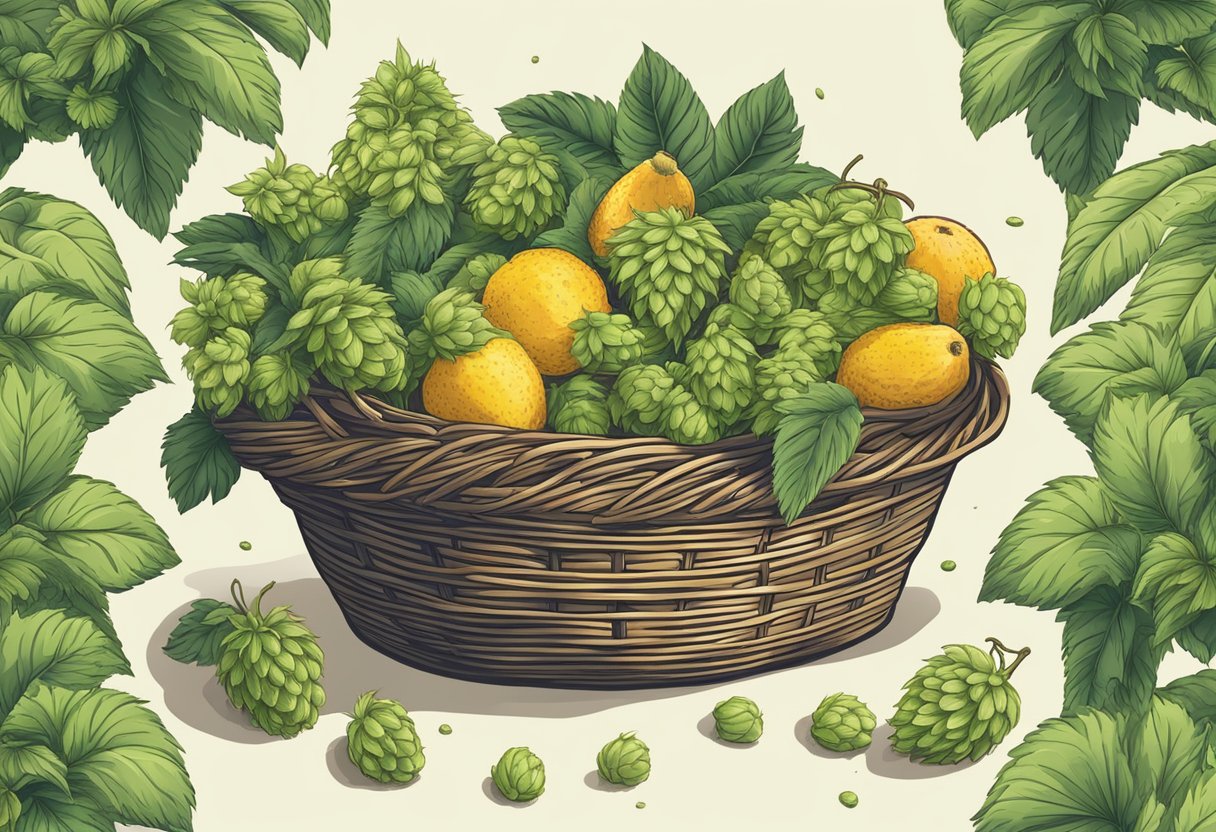 an illustration of a basket filled with hops and tropical fruit