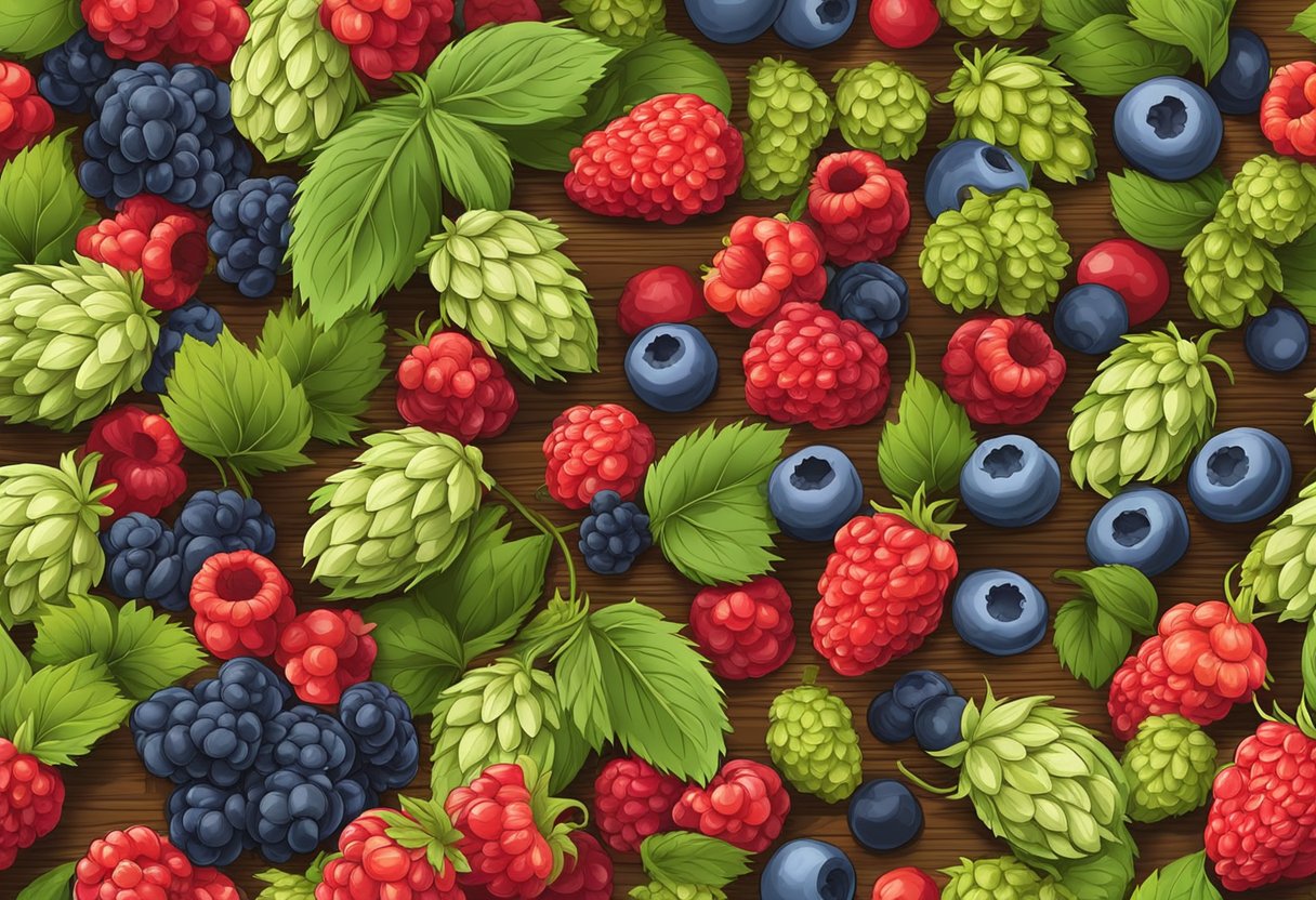 an illustration of berries and hops on a table