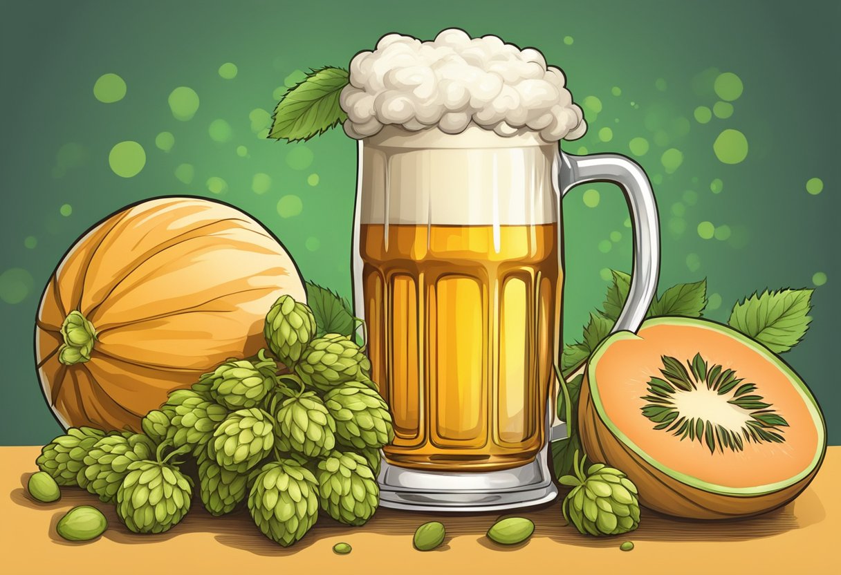 an illustration of beer, stone fruit and hops flowers