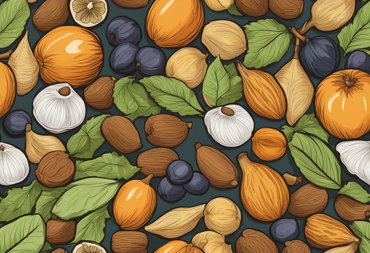 an illustration of dried fruits and hops leaves