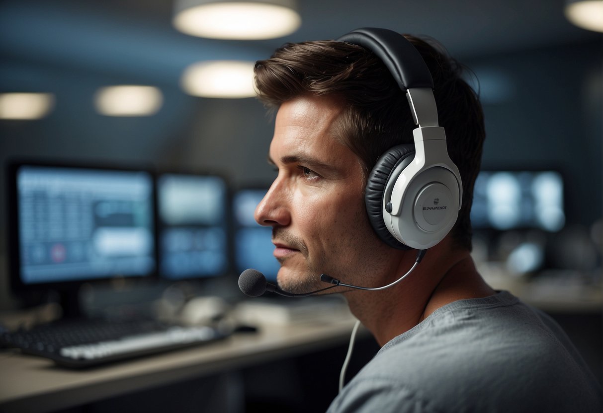 A digital photo of a man listening to music in a call center