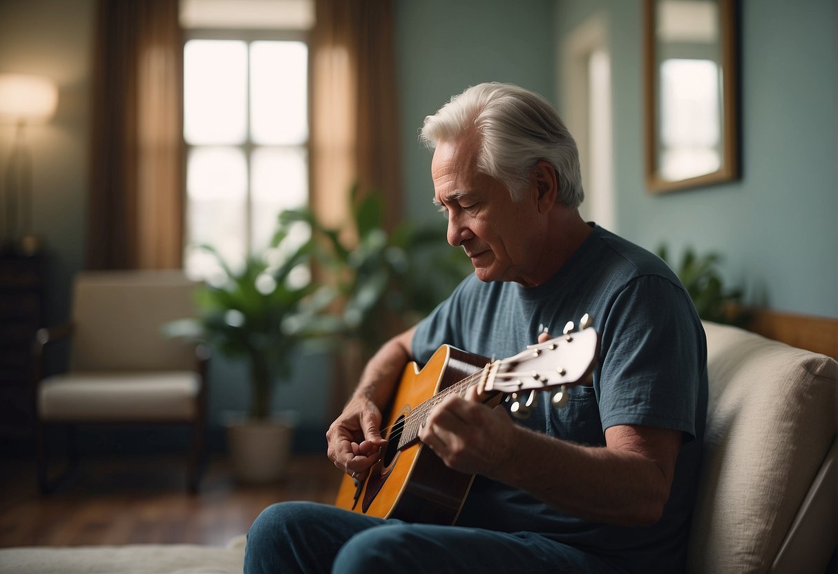 A digital photo of a man playing his guitar