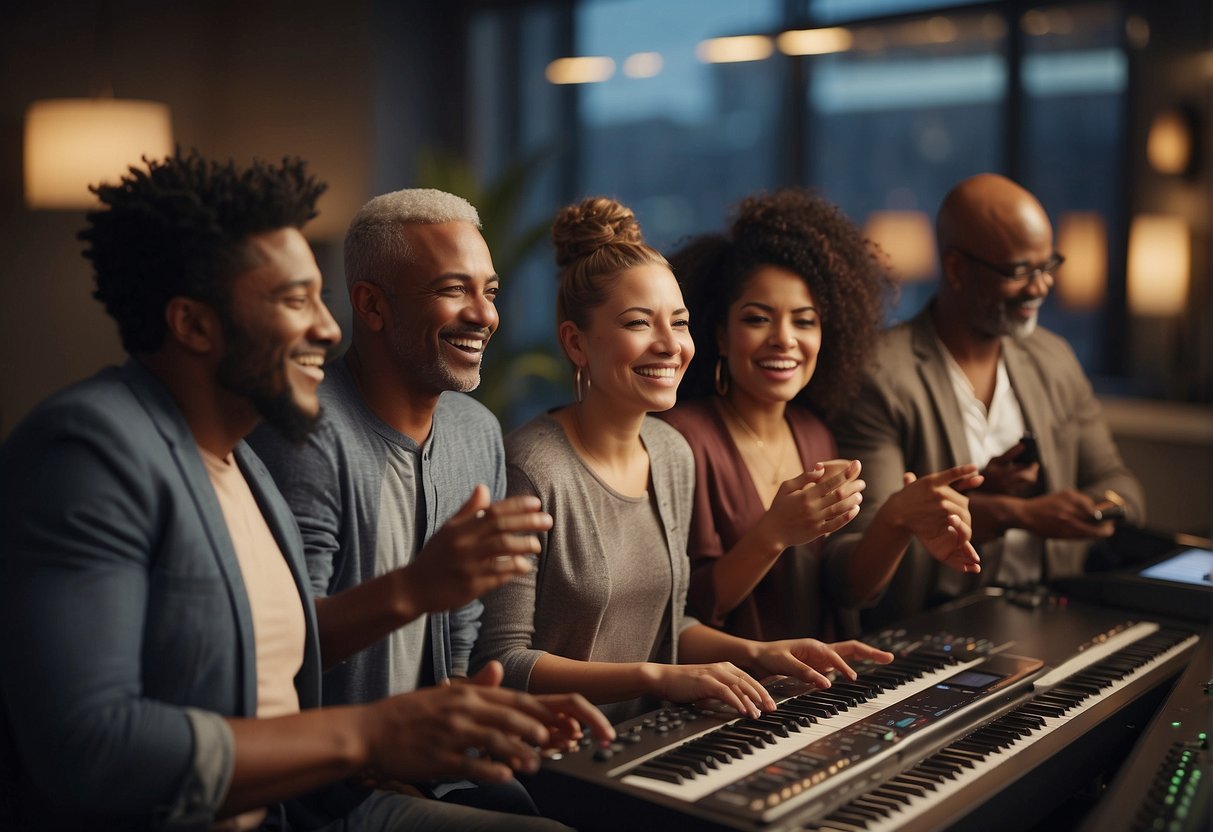 A digital photo of a goup of people playing a keyboard