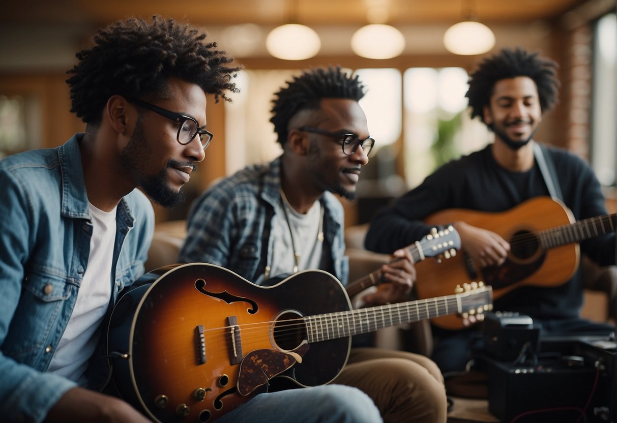 A digital photo of a gouup of men and their guitars