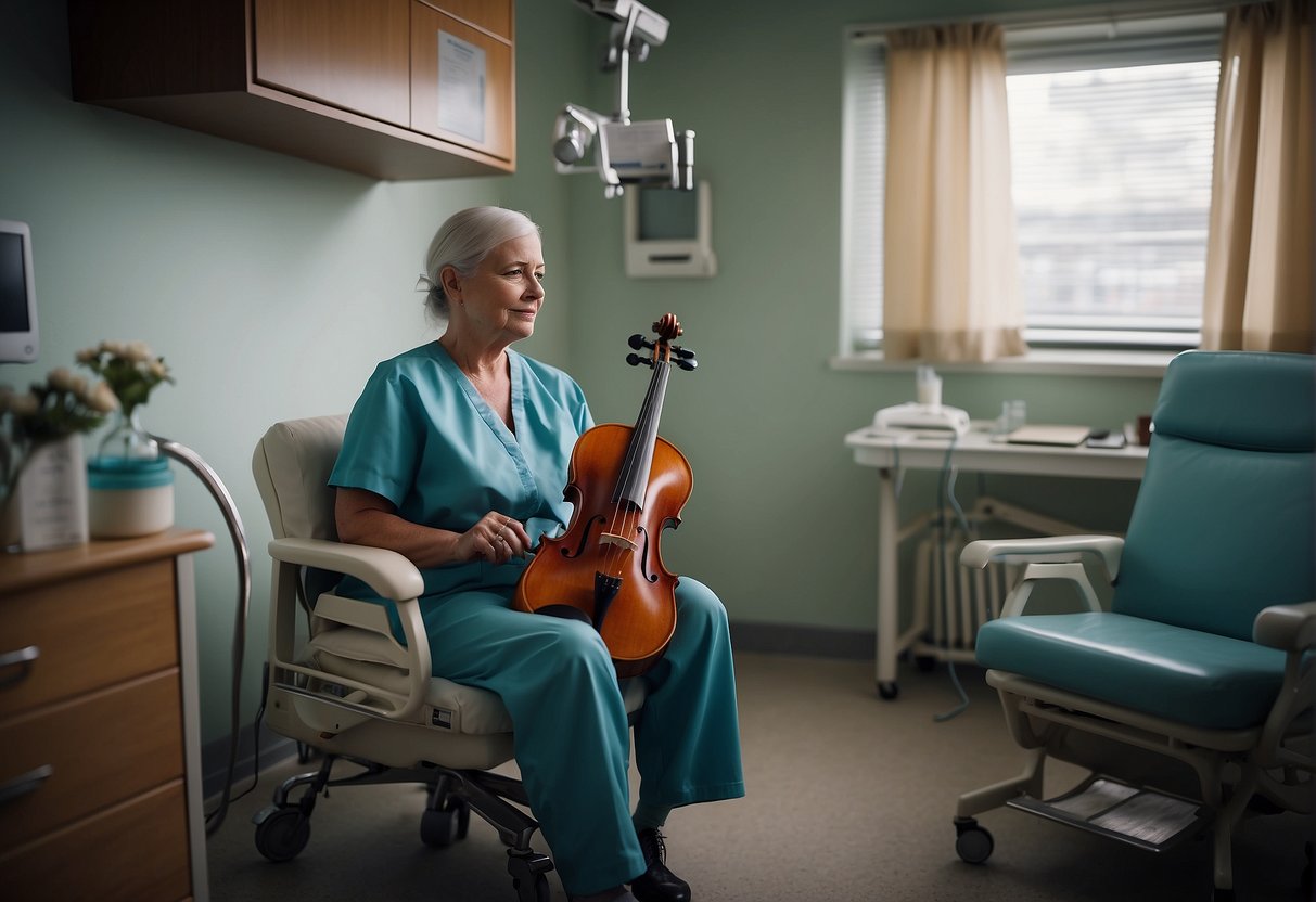 A digital photo of a lady and hey violine