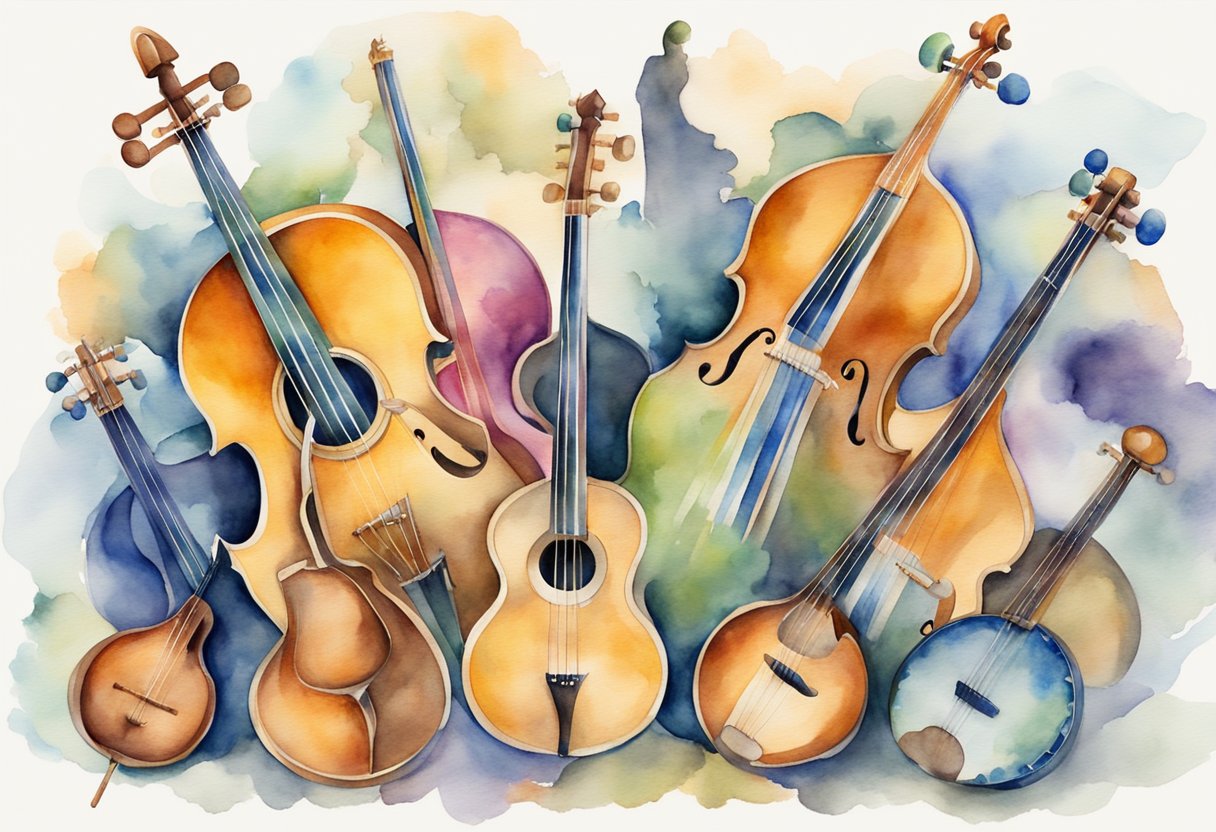 a digital watercolor of many different string instruments