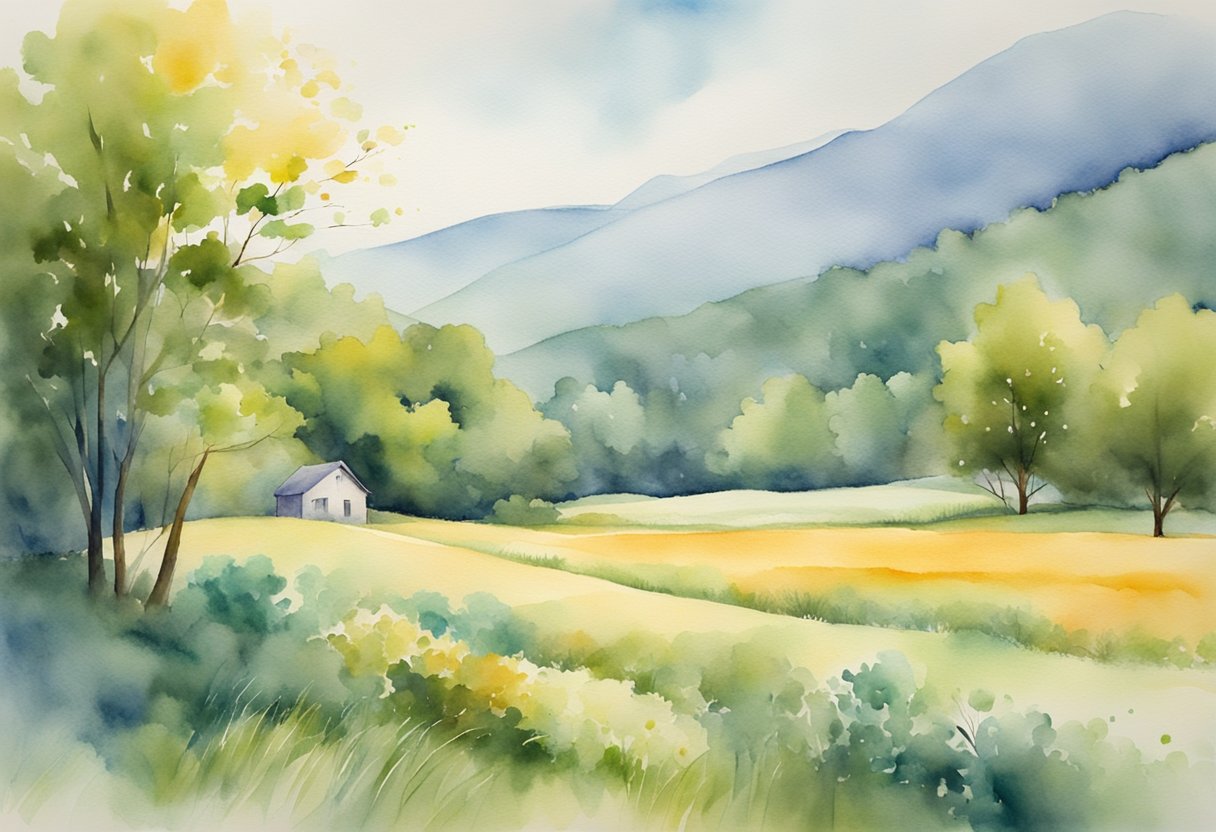 a digital watercolor of a farm