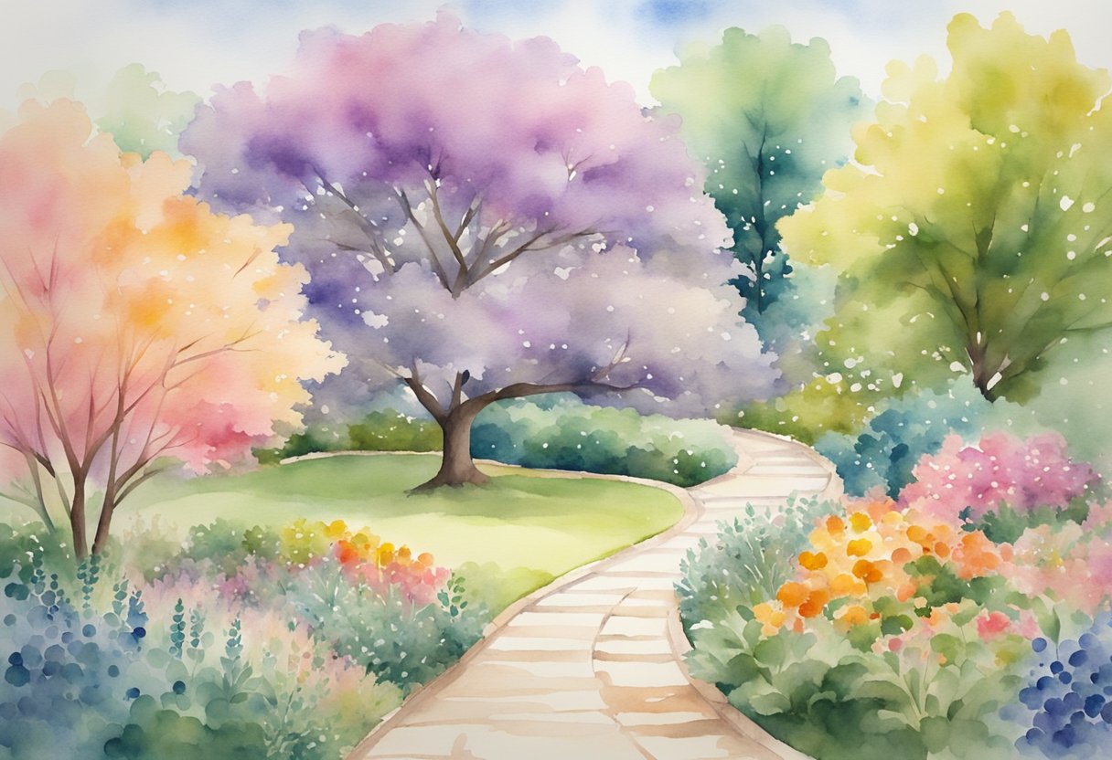 a digital watercolor of a beautiful city park with walkway