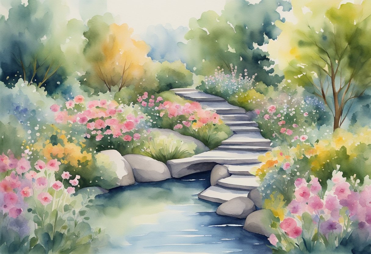 a digital watercolor of a backyard garden with water and stone walkway