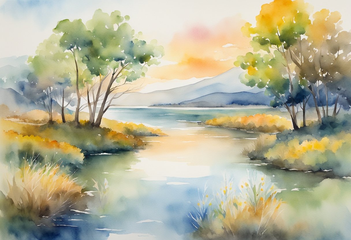 A digital watercolor of a lake with trees at sunset