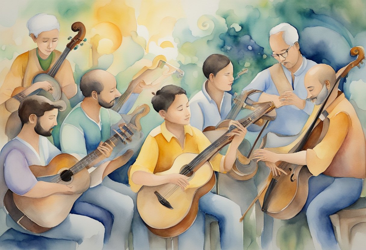 a digital watercolor of a group of people playing their guitars